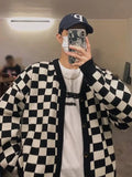 Aidase Autumn Vintage Checkerboard Cardigan Long-sleeved Button Sweater Men's Preppy Casual Knitwear Jacket Unisex Streetwear aidase-shop