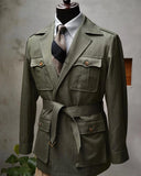 Aidase Traveling Men's Suit Blazer Bow Collar Military Green Single Breasted Buckle  Work Wear Bussiness Wedding Costume Size Color aidase-shop