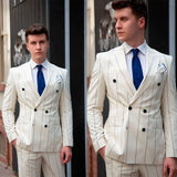 Aidase Men Suit 2 Pieces White Pinstripe Slim Fit Blazer Pants Fashion Work Wear Fashion Groom Business Causal Prom Party Tailored aidase-shop