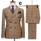 Aidase Cenne Des Graoom New Brown Plaid Suits for Men Double Breasted 2 Pcs Set Blazer Jacket Pants Wedding Party Meeting Office