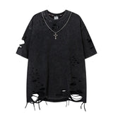 Aidase Summer New Washed Destroyed Tops and T-shirts Retro Distressed Necklace T-shirt Harajuku Oversized Lazy Ripped T Shirt aidase-shop