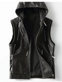 Aidase Spring Autumn Luxury Elegant Cool Black Pu Leather Vest for Men with Hood Zipper Sleeveless Jacket Men Clothing aidase-shop