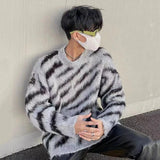 Aidase American Niche Zebra Print Men's Sweater Round Neck Pullover Mohair Knitted Jacket Trendy Contrast Color Male Tops aidase-shop