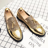 Aidase Spring Tassel Men's Shoes Golden Nightclub Casual Shoes Loafers Mens Shoes Slip-on Comfort Shoes Bright Leather Low-heeled Shoes aidase-shop