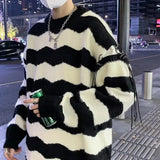 Pullover Stripe Knitted Sweater Men Baggy Korean Fashion Y2k Tops Round Neck Harajuku Male Black Sweatercoat aidase-shop