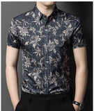 Aidase Men Floral Print Shirt Summer Silk Business Dress Shirts Short Sleeve Club Casual Flower Tops Clothing