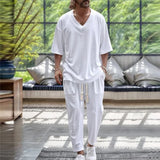 Aidase 2024 Summer New Casual Two Piece Sets Men Leisure Short Sleeve V Neck T-shirts And Pants Men Suits Fashion Solid Color Outfits aidase-shop