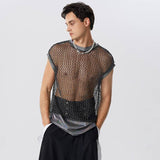 Aidase  Fashion Men Tank Tops Mesh Patchwork Transparent O-neck Sleeveless Casual Vests  Streetwear Sexy Men Clothing 5XL 7 aidase-shop