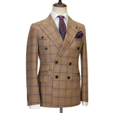 Aidase Cenne Des Graoom New Brown Plaid Suits for Men Double Breasted 2 Pcs Set Blazer Jacket Pants Wedding Party Meeting Office