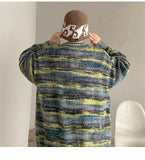 Autumn new men's sweater jacket retro casual loose knitted cardigan fashion trend gradient color clash knitted sweater
