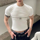 Aidase 2024 Men T Shirt Zipper Solid Color O-neck Short Sleeve Fashion Men Crop Tops Summer Streetwear Casual Camisetas Navy Navel Tees aidase-shop