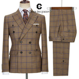 Aidase Cenne Des Graoom New Brown Plaid Suits for Men Double Breasted 2 Pcs Set Blazer Jacket Pants Wedding Party Meeting Office