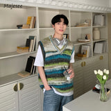 Aidase Sweater Vest Casual Loose V-neck Striped Spring Autumn Tie Dye Fashion Retro Soft Japanese Style Unisex Daily Knitting Youthful