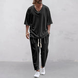 Aidase 2024 Summer New Casual Two Piece Sets Men Leisure Short Sleeve V Neck T-shirts And Pants Men Suits Fashion Solid Color Outfits aidase-shop