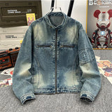 Aidase Men's Streetwear Hip Pop Washed Denim Jacket Stand Collar Fashion Cargos Pockets Zipper Coats Retro Popular Loose Outwear M-3XL aidase-shop