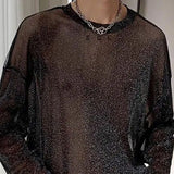 Aidase Man T-shirt Sheer Mesh Round Neck Long Sleeve Sexy Men's Clothing Tops Out Streetwear Party Thin Style Clothes aidase-shop