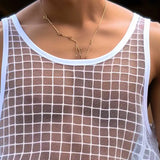 Aidase Men Tank Tops Plaid Mesh Transparent O-neck Sleeveless Sexy Male Vests Streetwear Fashion Casual Men Clothing S-5XL aidase-shop