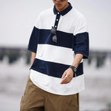 Aidase Japanese Style Summer New Men's Turn-down Collar Spliced Striped Button Fashion Vintage Loose Half Sleeve Tops T-shirt