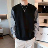 Aidase Spring Autumn Round Neck Long Sleeve Patchwork Striped Pullovers Men's Clothing Fake Two Piece Korean Bottoming Shirt Loose Tops