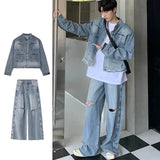 Aidase Autumn Denim Set Men Denim Jacket +Wide Leg Straight Jeans Casual Loose Solid Color Korean Style Street Stand Collar 2pcs Suit aidase-shop