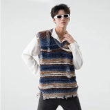 Aidase Vintage Gradient Stripe Baggy Knitted Sweater Vest Washed Ripped Red Sweater Tank Top Y2k Tie Dyeing V-Neck Sleeveless knitwear aidase-shop