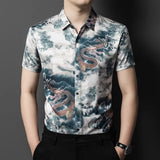 Aidase Men Floral Print Shirt Summer Silk Business Dress Shirts Short Sleeve Club Casual Flower Tops Clothing