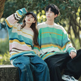 Aidase Autumn Striped Sweaters Men Korean Loose Streetwear Men's Pullovers Oversized Knitted Sweater Men Green Striped Sweater Women