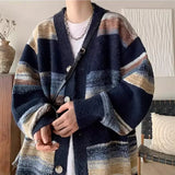 Aidase 2024 Autumn Winter New Men Oversize Loose Knitted Jackets Male Contrast Color Striped Cardigan Mens V-neck Sweater Coats aidase-shop