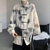 Aidase Art Men Chinese Style Hanfu Tops Traditional Ethnic Kung Fu Trendy Shirt Sunscreen Clothing Bamboo Leaf Pan Button Printing Top aidase-shop