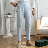 Aidase Summer Seersucker High Waist Straight Pants British Petty Bourgeoisie Blue Stripe Italian Casual Trousers Men Pantalones Hombre aidase-shop