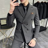 Aidase Fashion New Men's Boutique Business Slim Wedding Striped Double Breasted Suit Blazers Jacket Pants Trousers Vest 3 Pcs Set aidase-shop