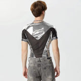 Aidase 2024 Men's Bodysuits Mesh Patchwork Shiny O-neck Short Sleeve Male Rompers Transparent Streetwear Fashion Bodysuit S-3XL aidase-shop