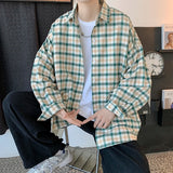 Aidase Men Harajuku Color Block Plaid Shirt 2023 Mens Streetwear  Shirts Long Sleeve Male Vintage Korean Fashions Clothes