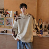 Aidase Street Korean Retro New Contrast Color Sweater Men's Ins Youth Versatile Retro Y2K Loose Personalized Round Neck Sweater Top