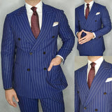 Aidase Navy Blue Men's Suit 2 Pieces Blazer Pants Double Breasted Peaked Lapel Pinstripes Business Modern Wedding Groom Costume Homme aidase-shop