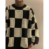 Winter Korean Fashion Mens Pullovers Checkerboard Plaid Sweater Thick Warm Cashmere Sweater Men Luxury Patchwork Pull Homme aidase-shop