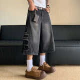 Aidase American Washed Denim Shorts Men Loose Cut Wide Leg Straight Leg Cropped Pants 2024 High Street Male New Fashion aidase-shop