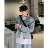 Aidase Autumn Denim Set Men Denim Jacket +Wide Leg Straight Jeans Casual Loose Solid Color Korean Style Street Stand Collar 2pcs Suit aidase-shop