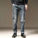 Aidase American Fashion High Street Loose Straight Cargo Jeans Men's Solid Patchwork Button Zipper Pockets Versatile Casual Pants aidase-shop