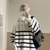 Aidase Autumn Winter Oversize Knitted Sweater 2024 New Vintage Pullover Baggy Long Sleeve Zipper Sweaters Striped Y2K Tops aidase-shop