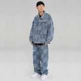 Hip Hop Denim 2pcs Suit Men Women Trend Streetwear Denim Plaid Jacket and Punk BF Style Jeans Male Female Two Piece Set