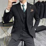 Aidase Fashion New Men's Boutique Business Slim Wedding Striped Double Breasted Suit Blazers Jacket Pants Trousers Vest 3 Pcs Set aidase-shop