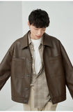 Spring Autumn Short Oversized Brown Black Soft Faux Leather Jackets for Men Pockets Long Sleeve Korean Fashion aidase-shop