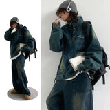 Aidase Retro Denim Set Men Loose Vintage Cowboy Hooded Pullover +wide-leg Jeans Male 2-piece Set Japanese Street Spring Autumn Suits aidase-shop