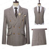 Aidase Latest Summer Men Double Breasted Khaki Linen Suits Vetical Stripe Slim Fit Tuxedos For Wedding 3 Pcs Set Jacket Vest Pants aidase-shop