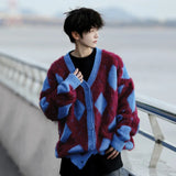 Aidase Contrast Color Diamond Cardigan Men Sweater Knitted Single Breast V-neck Korea Fashion Male Tops Casual aidase-shop