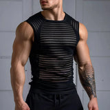 Aidase Sports Fitness Slim Sleeveless Tank Tops Men Sexy Transparent Hollow Out O Neck Mesh Vest For Men Summer New Casual Camisoles aidase-shop