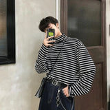 Aidase High Necked T-shirt Men Slim Fit Fashion Black Casual T Shirt Men Street wear Korean Long Sleeved T-shirt Men Striped T-shirt aidase-shop