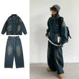 Aidase Retro Denim Set Men Loose Vintage Cowboy Hooded Pullover +wide-leg Jeans Male 2-piece Set Japanese Street Spring Autumn Suits aidase-shop