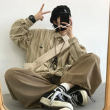 Aidase College Retro Men  Two-piece Japanese Casual Set Loose Striped Shirt+large Pocket Drawstring Wide Leg Pants New Unisex Suit aidase-shop